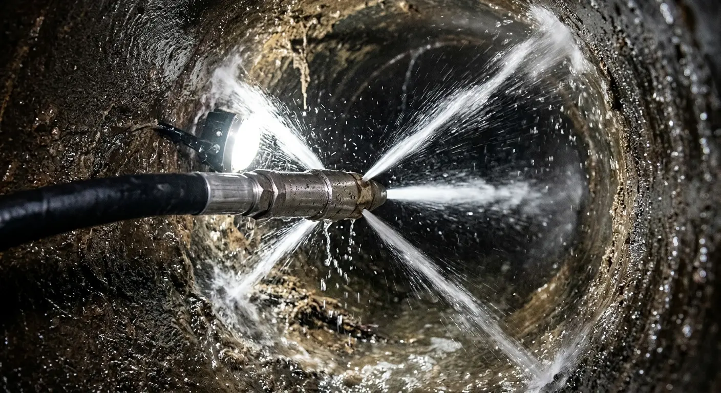 High-pressure hydro jetting nozzle cleaning sewer pipe for Emergency Drain Service in North Chicago