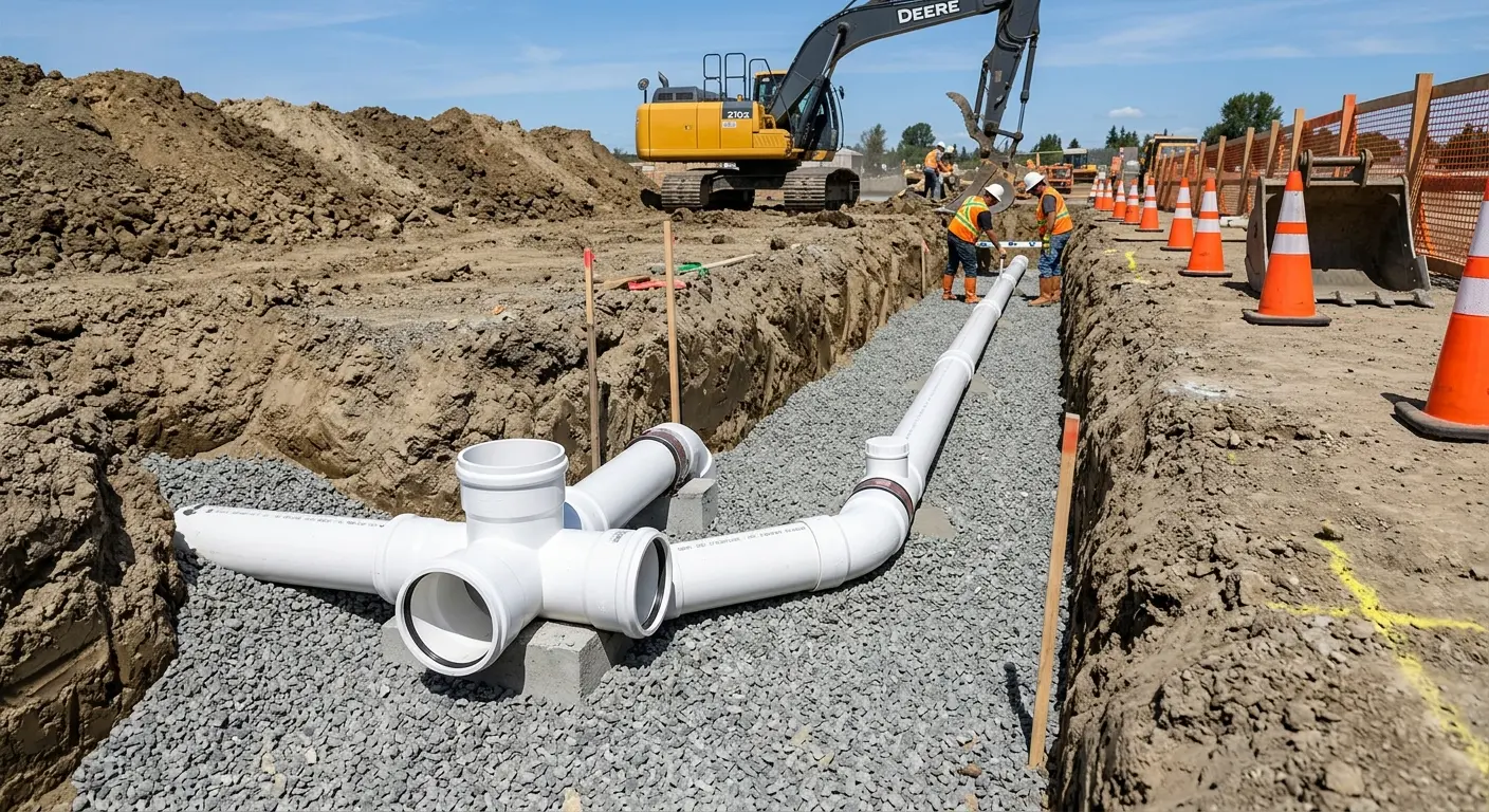 New PVC sewer pipe installation in open trench for Sewer Camera Inspection in North Chicago