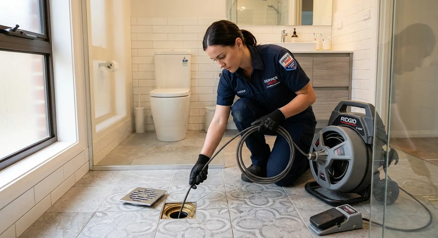 Technician clearing a bathroom floor drain for Drain Cleaning in North Chicago